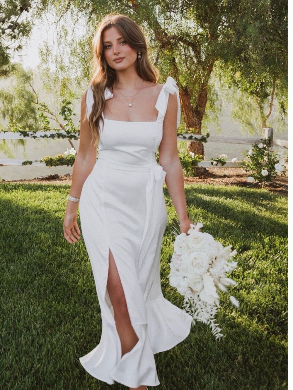 Show Me Your Mumu Garden Midi Dress in Ivory Luxe Satin (Size S)